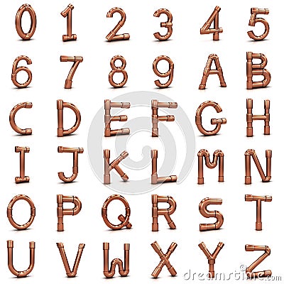 3d Copper pipe letters and numbers Stock Photo