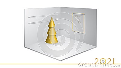 3D corner of a room or cubic box, realistic exhibition stand. Gold Christmas tree on a display stand. Happy new year Vector Illustration