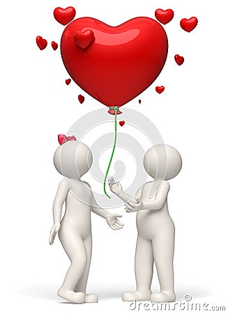 3d couple releasing a red heart balloon Valentines day Stock Photo