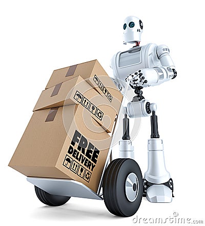 3d Courier Robot with hand truck. Free delivery concept. Isolated with clipping path Stock Photo