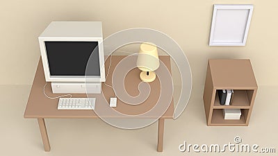 3d cream working room table computer top view cartoon style 3d render Stock Photo