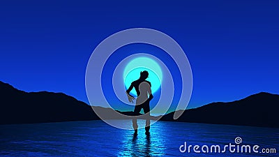 3D creature in ocean against night sky Stock Photo