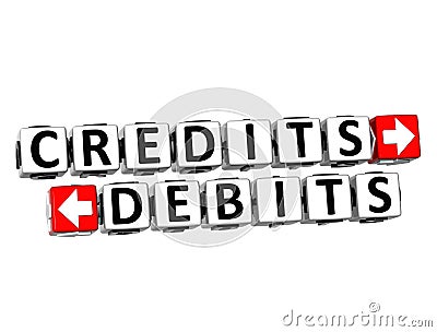 3D Credits Debits Button Click Here Block Text Stock Photo