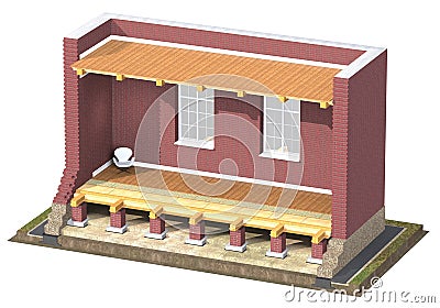 3D Cross section of brick house. Stock Photo