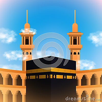 3D cube islamic site kaaba. Mosque for umro, prayer, or hajj mabrour with blue sky background Vector Illustration