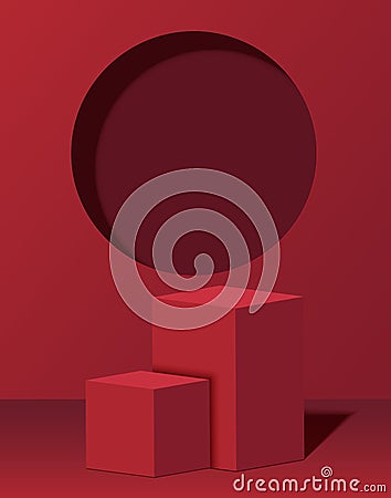 3d cube podium display mockup on red abstract background with window light and shadow for product minimal presentation Vector Illustration