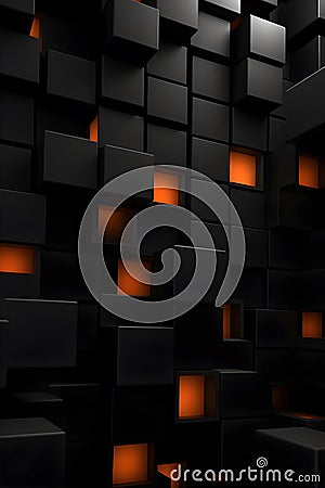 3d cubes background, abstract technology wallpaper with black and orange cubes Stock Photo