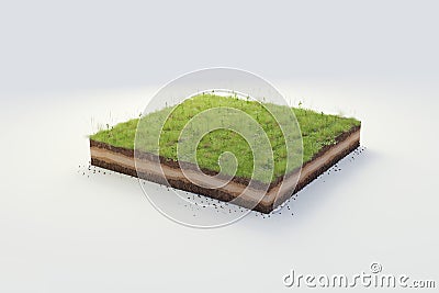 3D cubical beautiful grass land with soil geology cross section, 3D Illustration ground ecology isolated on whit background Stock Photo