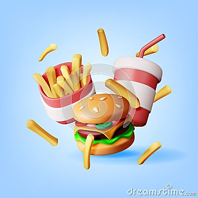 3D Cup of Cola with Fries and Cheeseburger Vector Illustration