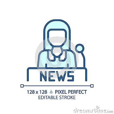 2D customizable thin linear blue female newscaster icon Cartoon Illustration