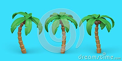 3D Cute cartoon tropical palm tree. Realistic jungle tree on blue background. Summertime object. Vector illustration Vector Illustration