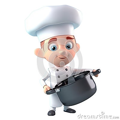 3d cute icon cartoon male chef in a professional uniform with a pan in his hands. Happy smiling restaurant worker in hat and apron Stock Photo