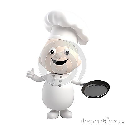 3d cute icon cartoon male chef in a professional uniform with a pan in his hands. Happy smiling restaurant worker in hat and apron Stock Photo