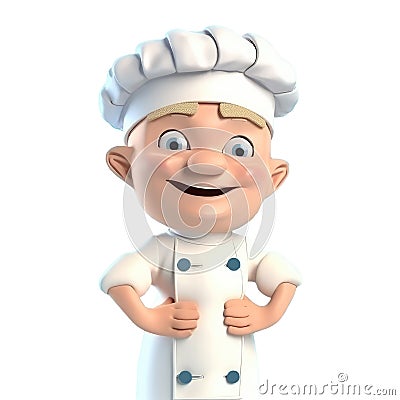 3d cute icon cartoon male chef in a professional uniform with a pan in his hands. Happy smiling restaurant worker in hat and apron Stock Photo