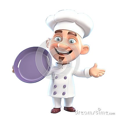 3d cute icon cartoon male chef in a professional uniform with a pan in his hands. Happy smiling restaurant worker in hat and apron Stock Photo