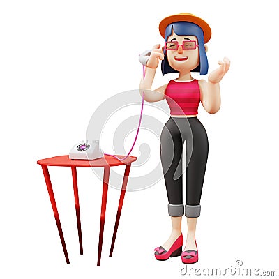 3D Cute Lady Cartoon Character speaking on a telephone Stock Photo