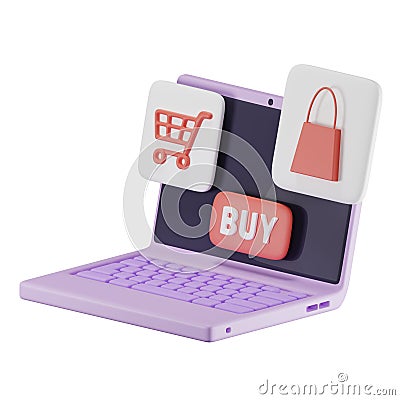 3d Cute laptop with store icons Cartoon Illustration