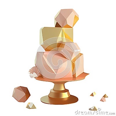 3d cute pink cake low poly. Happy birthday wedding cartoon plastic style on isolated Transparent background png. Generative ai Stock Photo