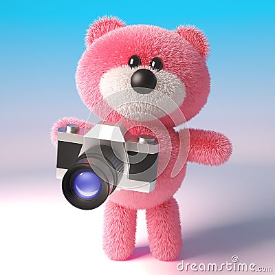 3d cute pink teddy bear character taking a photo with an old camera, 3d illustration Cartoon Illustration