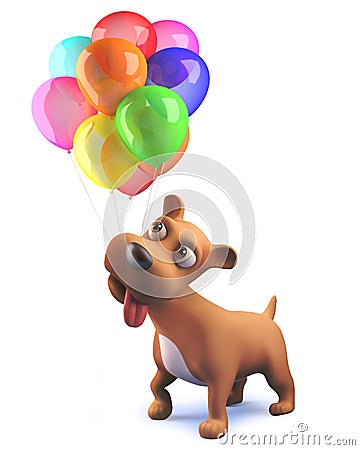 3d cute puppy dog holding celebratory party balloons in his mouth, 3d illustration Cartoon Illustration