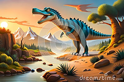 3D Cute Spinosaurus Cartoon. A Group Of Primitive Reptile Dinosaurs From The Cretaceous Period. Generative AI Stock Photo