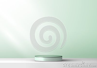 3D cylinder pedestal product display presentation minimal wall scene green mint color background Vector Illustration