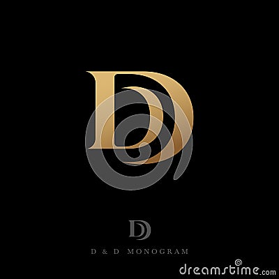 D and D letters. Monogram consist of gold Double D, isolated on a dark background. Vector Illustration