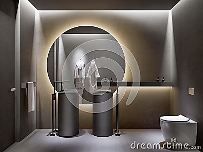 3d dark grey concrete masculine atmospheric bathroom Stock Photo