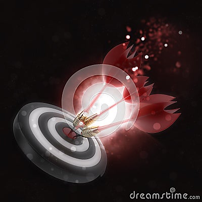 3D darts hitting the bullseye Stock Photo