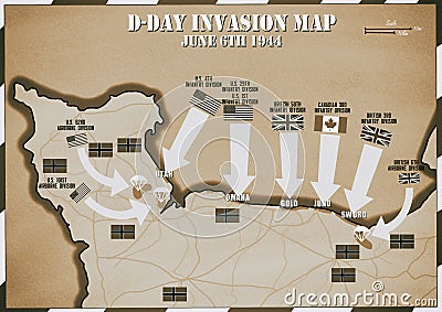 D-Day Invasion map of Normandy, France . Allies invaded German occupied Europe. 6th June 1944 Stock Photo