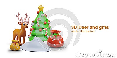 3D deer, decorated Christmas tree, snow drift, bags with gifts. Santa helper Vector Illustration