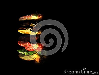 3d Delicious hamburger with flying ingredients Cartoon Illustration