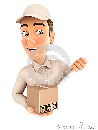 3d delivery man behind diagonal wall Cartoon Illustration