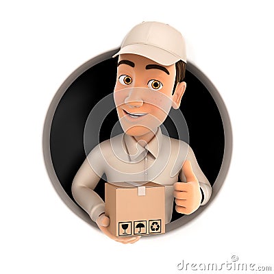 3d delivery man with package and thumb up inside circular hole Cartoon Illustration