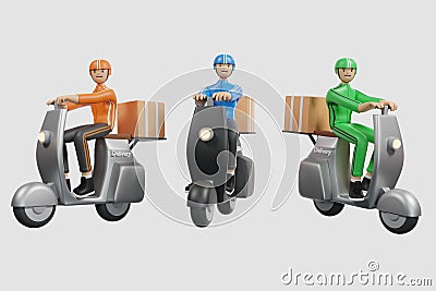 3D Delivery man in uniform on a motorcycle isolated on white background. Fast transport express home delivery. Online order -3D Stock Photo