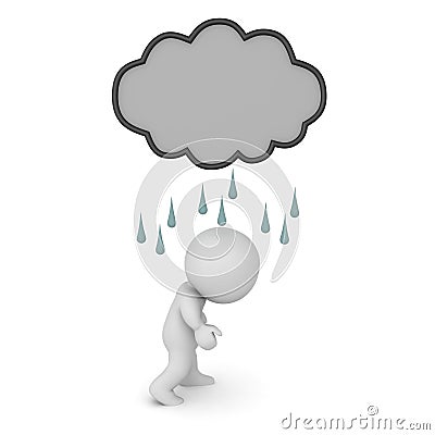 3D Depressed character with dark rain cloud above him Stock Photo