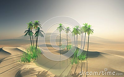 3D desert oasis landscape with palm trees Stock Photo