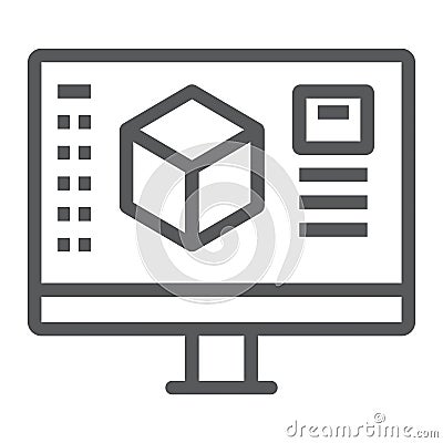3d design line icon, model and computer, 3d modeling sign, vector graphics, a linear pattern on a white background. Vector Illustration