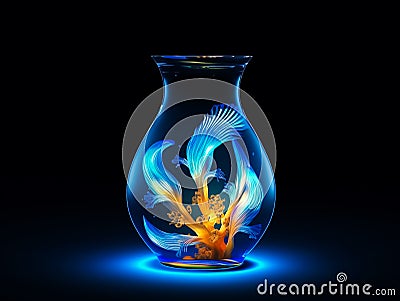 3D Design, Modern style of glass vase made full water and glowing halo fish inside of vase.Generative AI Stock Photo