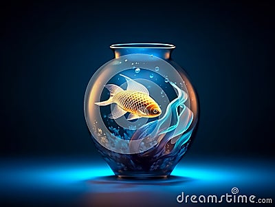 3D Design, Modern style of glass vase made full water and glowing halo fish inside of vase.Generative AI Stock Photo