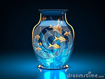 3D Design, Modern style of glass vase made full water and glowing halo fish inside of vase.Generative AI Stock Photo