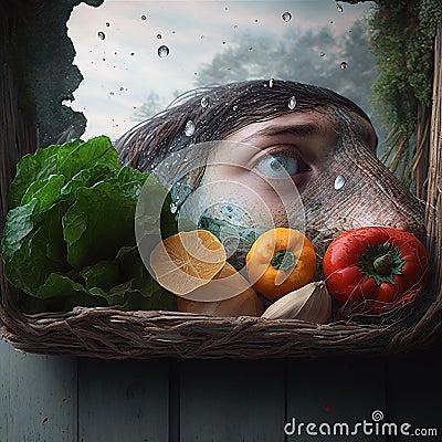 3d design surrealism style of a basket shop with vegetables and eye Stock Photo