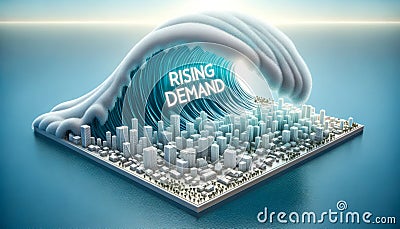 3D design of a tidal wave approaching a citys shoreline. The wave is translucent and within it the phrase RISING DEMAND is seen Stock Photo