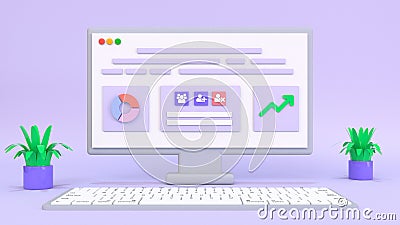 3d desktop, computer, computer screen with icons. Concept of marketing, web design, web developer, analyst. 3d render illustration Cartoon Illustration
