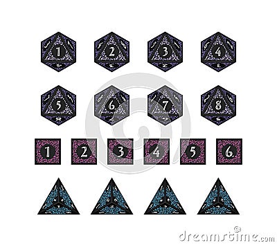 D4, D6, D8 Dice for Boardgames, Numbered Faces From Top View Vector Illustration