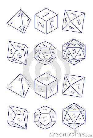 D4, D6, D8, D10, D12, and D20 Dice for Boardgames in Outline Style Vector Illustration