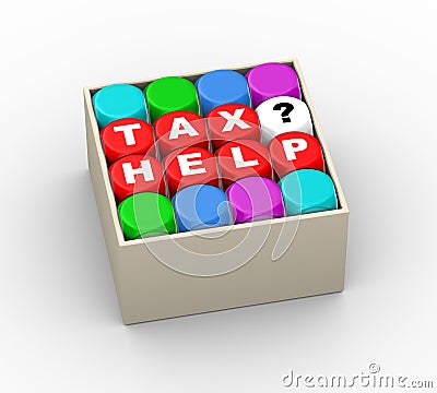 3d dices tax help in the box Cartoon Illustration