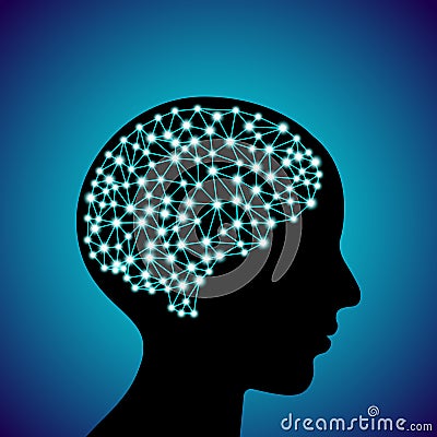 3d digital neuro blue glowing human brain with adult people head black silhouette Vector Illustration