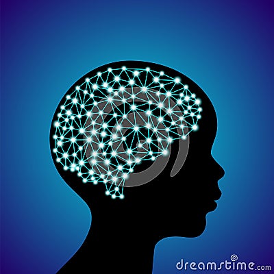 3d digital neuro blue glowing human brain with child head black silhouette Vector Illustration