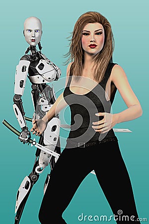 Beautiful Woman and Female Robot with Katana Swords Cartoon Illustration